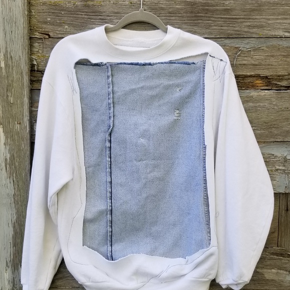 Destroyed Jean Patchwork Upcycled Sweatshirt - Picture 5 of 8